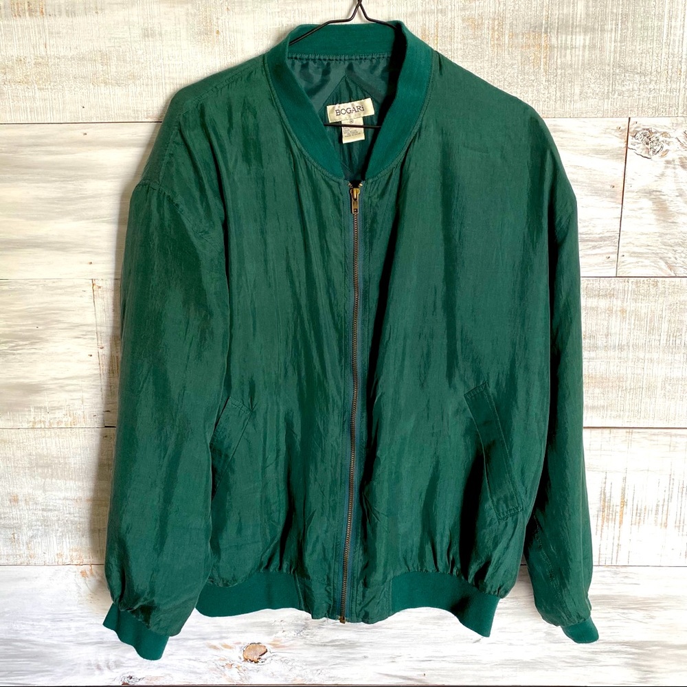 Vintage Bogari Pine Green 100% Silk Bomber Jacket